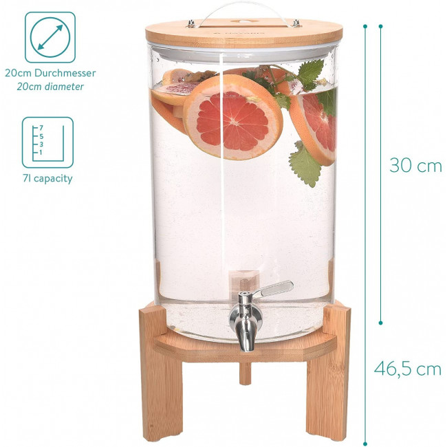 Navaris Glass Beverage Drink Dispenser Γυάλινος Διανεμητής Ποτού με Ξύλινη Βάση - 7L - Clear - 46785.03