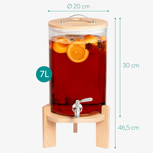 Navaris Glass Beverage Drink Dispenser Γυάλινος Διανεμητής Ποτού με Ξύλινη Βάση - 7L - Brown - 46785.05