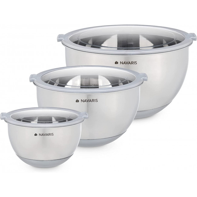 Navaris Stainless Steel Mixing Bowls Set of 3 Σετ με 3 Μεταλλικά Δοχεία Φαγητού - Grey - 49210.03.22