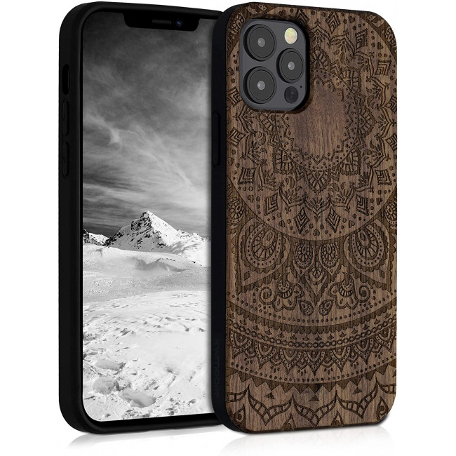 KW iPhone 12 / iPhone 12 Pro Θήκη από Φυσικό Ξύλο Design Indian Sun - Dark Brown - 52734.05