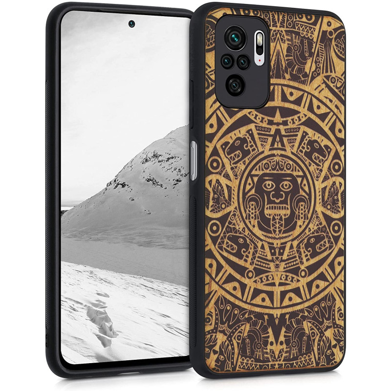 KW Xiaomi Redmi Note 10 / Note 10s / Poco M5s Θήκη από Φυσικό Ξύλο - Design Maya Calendar Art - Light Brown / Black - 54548.02