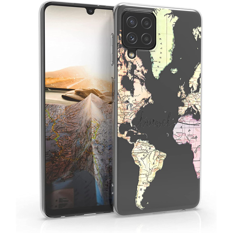 KW Samsung Galaxy A22 4G Θήκη Σιλικόνης TPU Design Travel - Black / Multicolor - Διάφανη - 55498.03