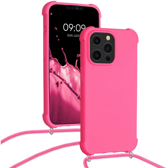 KW iPhone 13 Pro Θήκη Σιλικόνης TPU με Λουράκι - Neon Pink - 55964.77