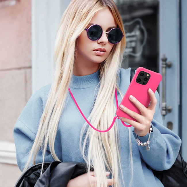 KW iPhone 13 Pro Θήκη Σιλικόνης TPU με Λουράκι - Neon Pink - 55964.77