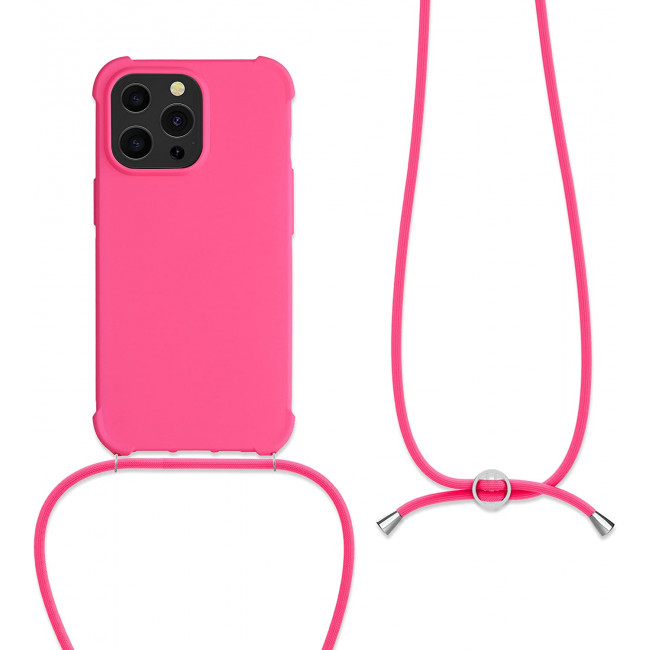 KW iPhone 13 Pro Θήκη Σιλικόνης TPU με Λουράκι - Neon Pink - 55964.77