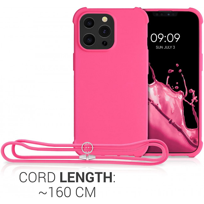 KW iPhone 13 Pro Θήκη Σιλικόνης TPU με Λουράκι - Neon Pink - 55964.77