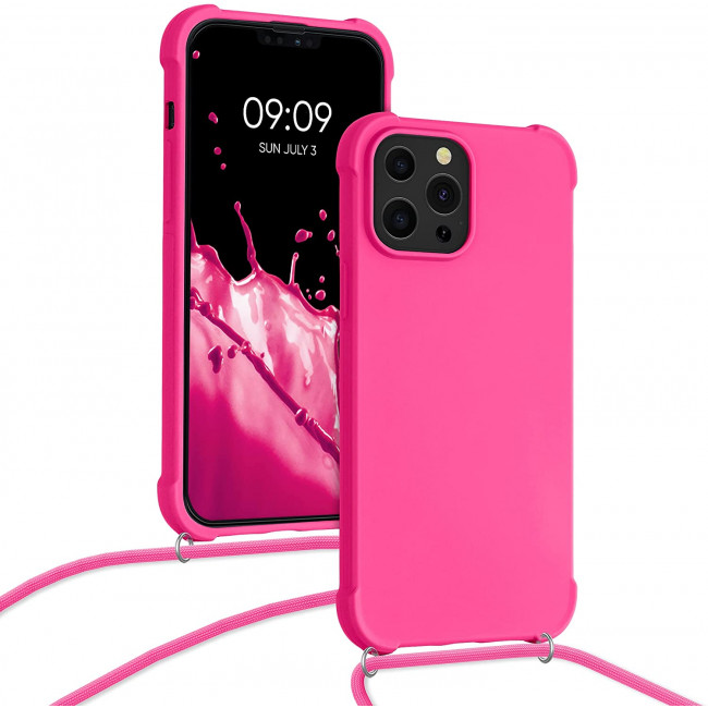 KW iPhone 13 Pro Max Θήκη Σιλικόνης TPU με Λουράκι - Neon Pink - 55977.77