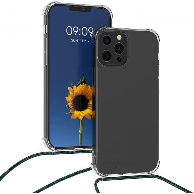 KW iPhone 13 Pro Θήκη Σιλικόνης TPU με Λουράκι - Διάφανη / Dark Green - 55963.80