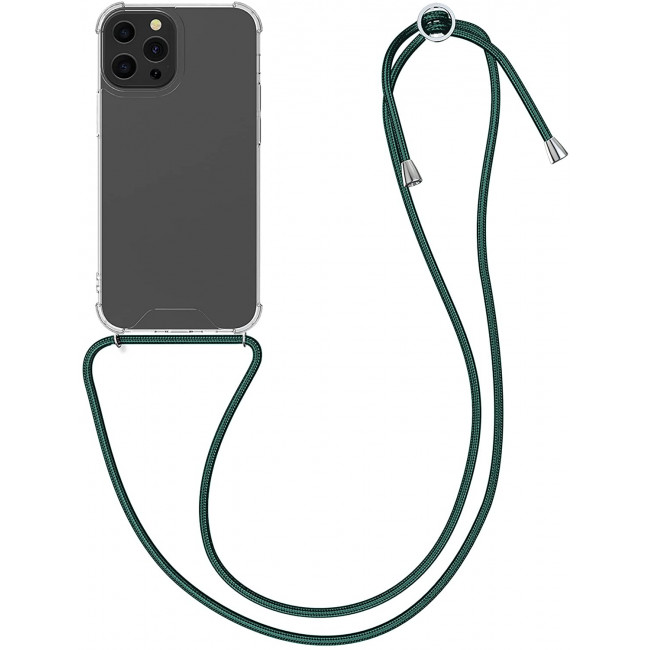 KW iPhone 13 Pro Θήκη Σιλικόνης TPU με Λουράκι - Διάφανη / Dark Green - 55963.80