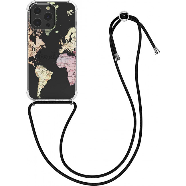 KW iPhone 13 Pro Θήκη Σιλικόνης TPU με Λουράκι Design Travel - Διάφανη / Black / Multicolor - 55965.01