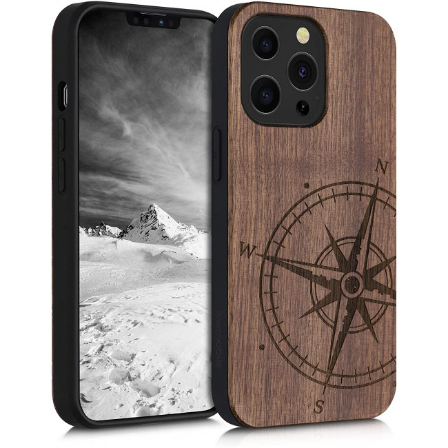 KW iPhone 13 Pro Θήκη από Φυσικό Ξύλο Design Navigational Compass - Dark Brown - 55967.01