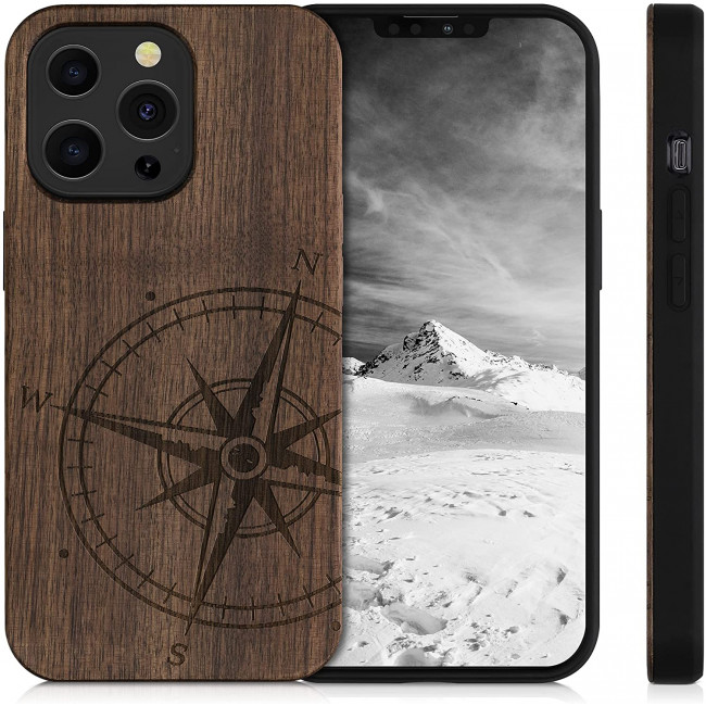 KW iPhone 13 Pro Θήκη από Φυσικό Ξύλο Design Navigational Compass - Dark Brown - 55967.01