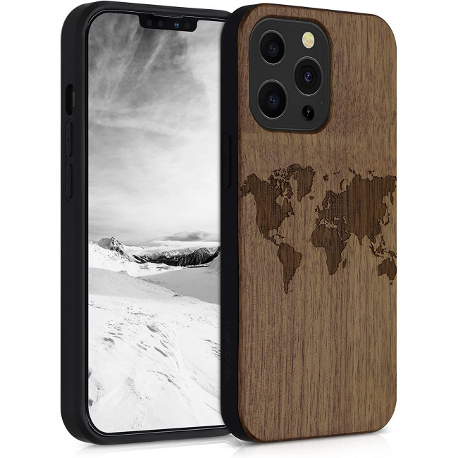 KW iPhone 13 Pro Θήκη από Φυσικό Ξύλο Design Travel Outline - Dark Brown - 55967.02