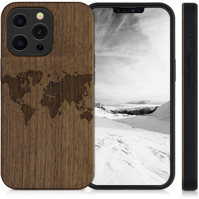 KW iPhone 13 Pro Θήκη από Φυσικό Ξύλο Design Travel Outline - Dark Brown - 55967.02