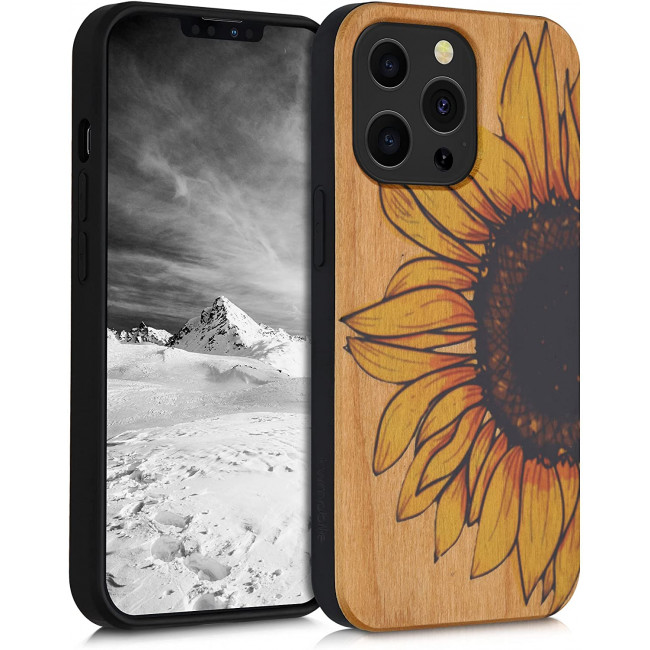 KW iPhone 13 Pro Θήκη από Φυσικό Ξύλο Design Wood Sunflower - Yellow / Dark Brown / Light Brown - 55967.03