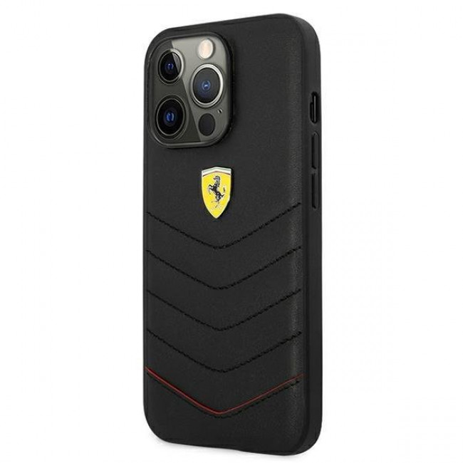 Ferrari iPhone 13 Pro Off Track Quilted Σκληρή Θήκη με Πλαίσιο Σιλικόνης και Επένδυση Γνήσιου Δέρματος - Black - FEHCP13LRQUK