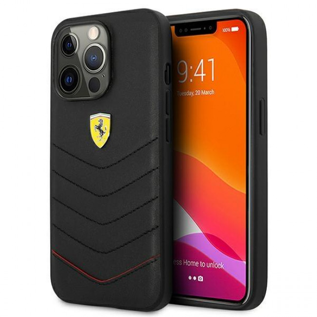 Ferrari iPhone 13 Pro Off Track Quilted Σκληρή Θήκη με Πλαίσιο Σιλικόνης και Επένδυση Γνήσιου Δέρματος - Black - FEHCP13LRQUK