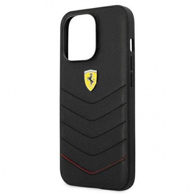 Ferrari iPhone 13 Pro Off Track Quilted Σκληρή Θήκη με Πλαίσιο Σιλικόνης και Επένδυση Γνήσιου Δέρματος - Black - FEHCP13LRQUK