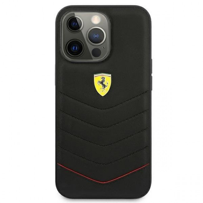 Ferrari iPhone 13 Pro Off Track Quilted Σκληρή Θήκη με Πλαίσιο Σιλικόνης και Επένδυση Γνήσιου Δέρματος - Black - FEHCP13LRQUK