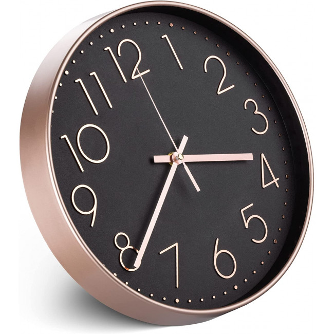 Navaris Analogue Wall Clock Design Round - Ρολόι Tοίχου από Πλαστικό και Γυαλί - Black / Rose Gold - 54996.81.01