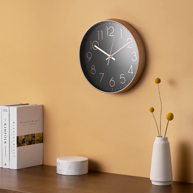 Navaris Analogue Wall Clock Design Round - Ρολόι Tοίχου από Πλαστικό και Γυαλί - Black / Rose Gold - 54996.81.01