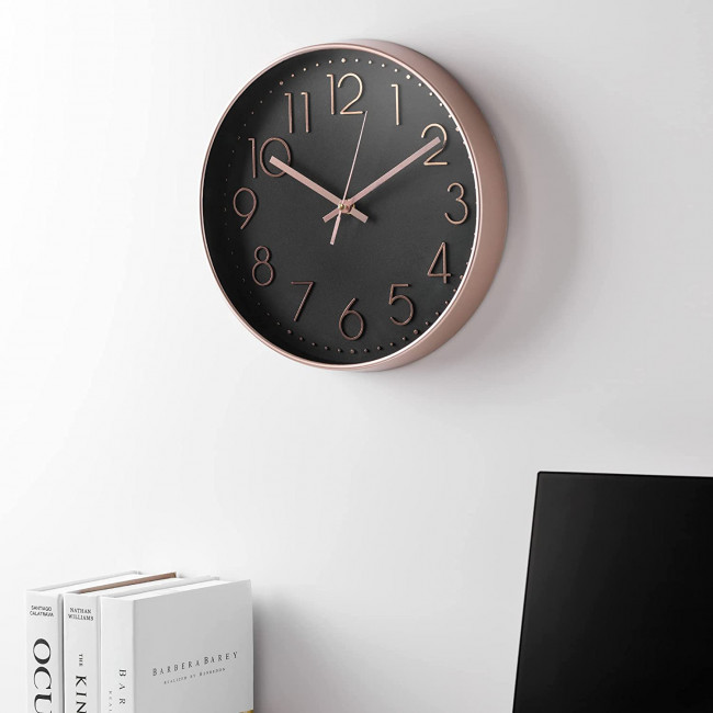 Navaris Analogue Wall Clock Design Round - Ρολόι Tοίχου από Πλαστικό και Γυαλί - Black / Rose Gold - 54996.81.01