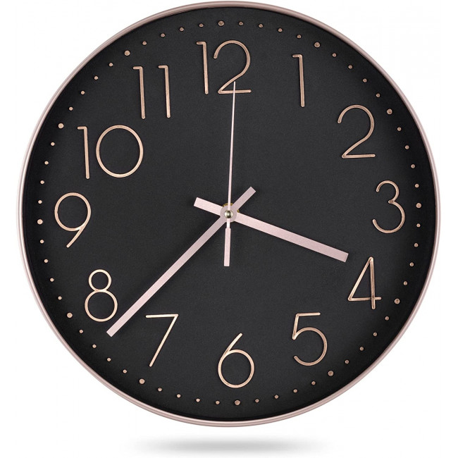 Navaris Analogue Wall Clock Design Round - Ρολόι Tοίχου από Πλαστικό και Γυαλί - Black / Rose Gold - 54996.81.01