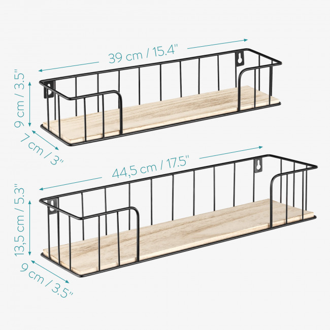Navaris Σετ με 2 Μεταλλικά Ράφια Τοίχου - 44.5 x 13.5 x 9 cm / 39 x 9 x 7 cm - Black - 54568.2.02
