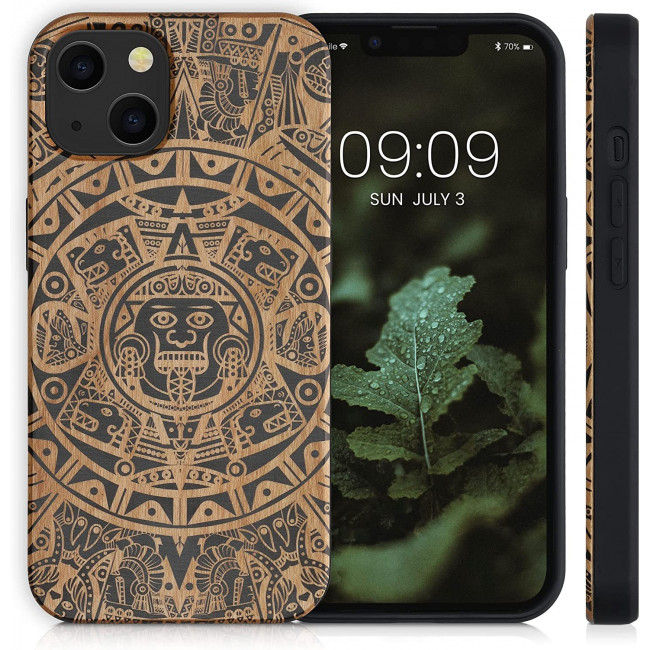 KW iPhone 13 Θήκη από Φυσικό Ξύλο Design Maya Calendar Art - Light Brown / Black - 55953.05