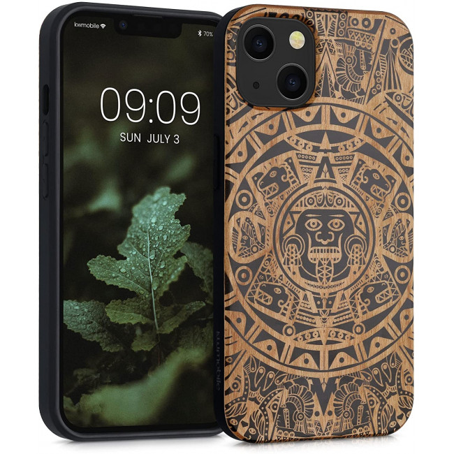 KW iPhone 13 Θήκη από Φυσικό Ξύλο Design Maya Calendar Art - Light Brown / Black - 55953.05