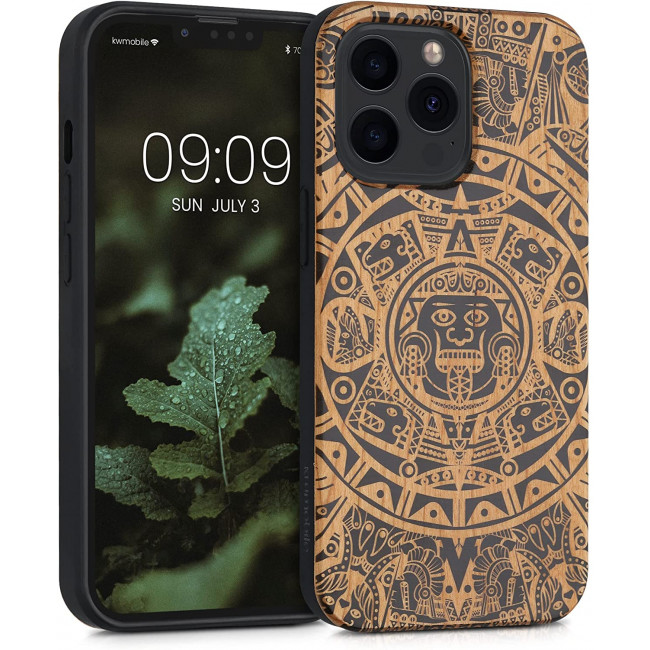 KW iPhone 13 Pro Θήκη από Φυσικό Ξύλο Design Maya Calendar Art - Light Brown / Black - 55967.05