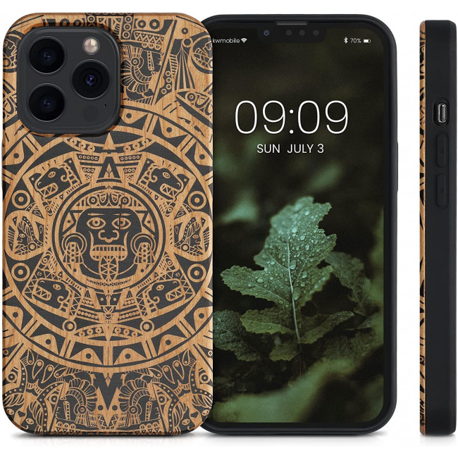 KW iPhone 13 Pro Θήκη από Φυσικό Ξύλο Design Maya Calendar Art - Light Brown / Black - 55967.05