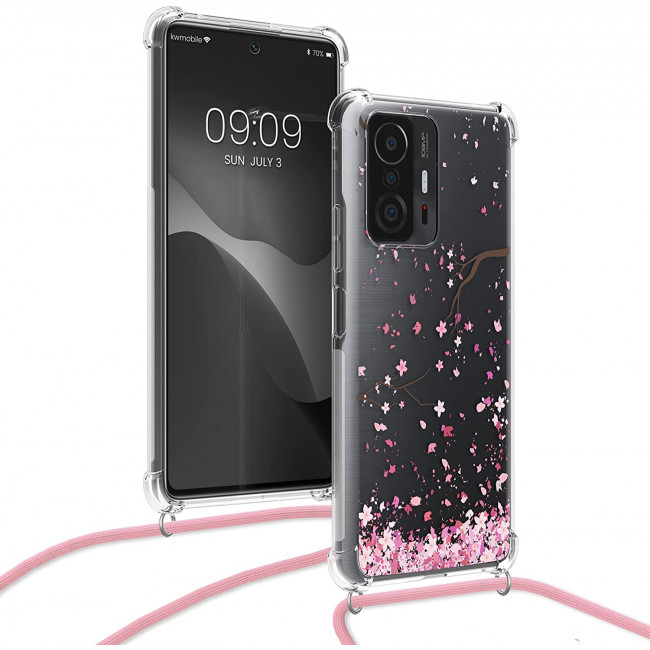 KW Xiaomi 11T / 11T Pro Θήκη Σιλικόνης TPU με Λουράκι Design Cherry Blossoms - Pink / Dark Brown / Διάφανη - 56522.03