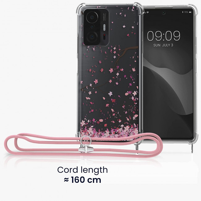 KW Xiaomi 11T / 11T Pro Θήκη Σιλικόνης TPU με Λουράκι Design Cherry Blossoms - Pink / Dark Brown / Διάφανη - 56522.03