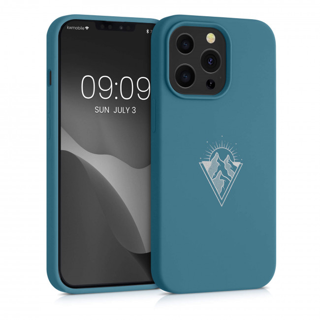 KW iPhone 13 Pro Θήκη Σιλικόνης Rubber TPU - Design Minimalism Mountains - White / Petrol - 56447.01