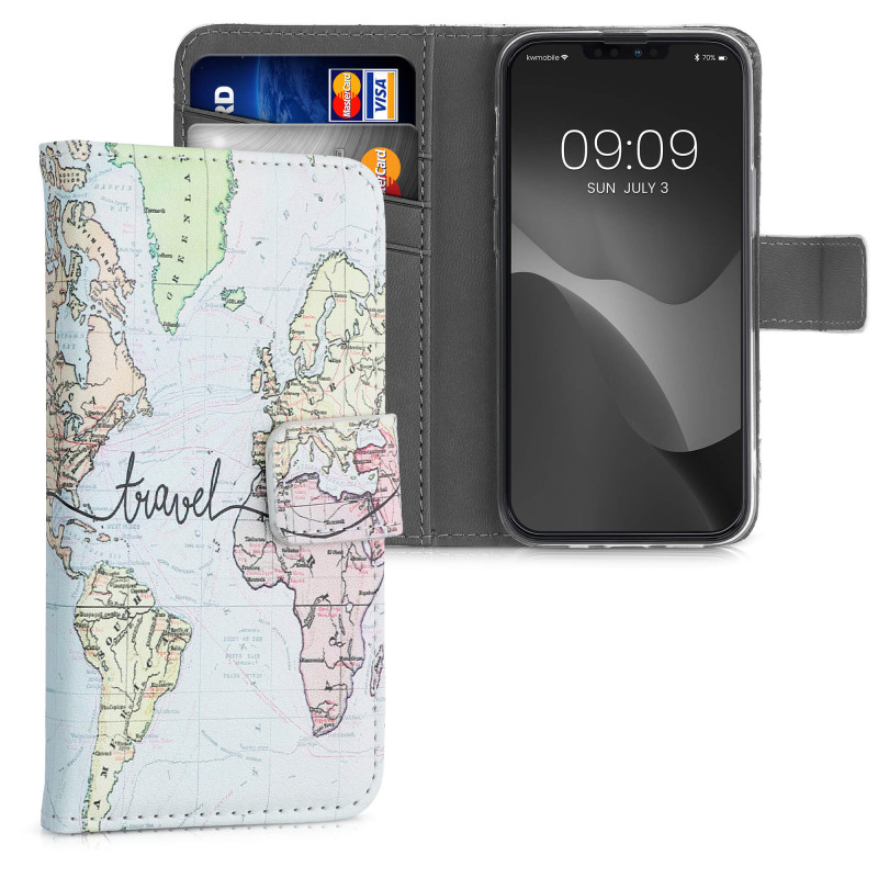 KW iPhone 13 mini Θήκη Πορτοφόλι Stand - Design Travel Lettering - Multicolour - 55935.03