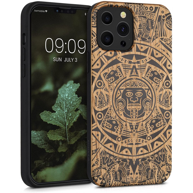 KW iPhone 13 Pro Max Θήκη από Φυσικό Ξύλο Design Maya Calendar Art - Light Brown / Black - 55980.05