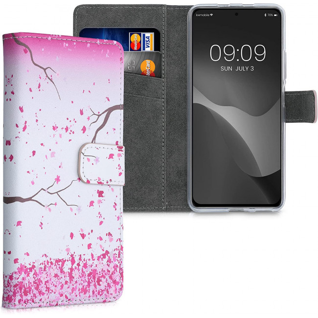 KW Xiaomi Poco F3 / Mi 11i Θήκη Πορτοφόλι Stand - Design Cherry Blossoms - Light Pink / Dark Brown / White - 56713.03