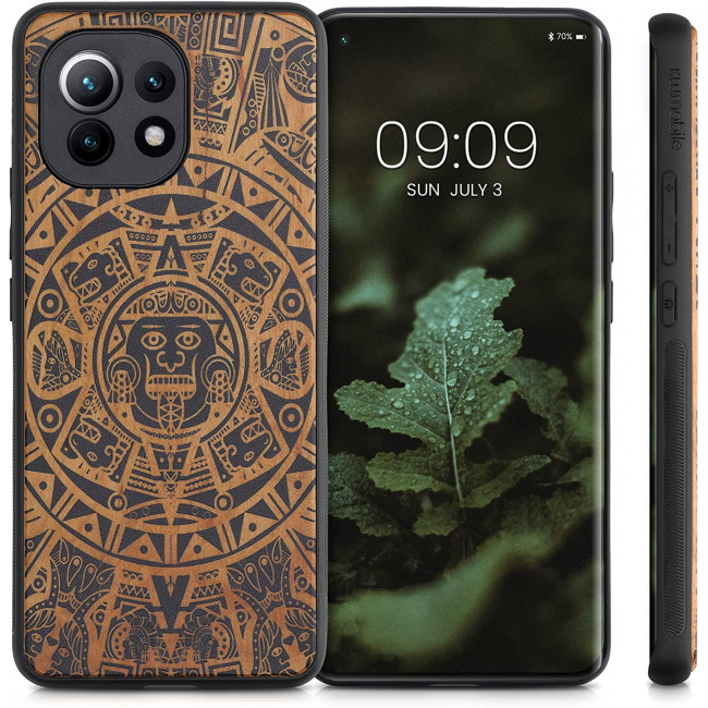 KW Xiaomi Mi 11 Θήκη από Φυσικό Ξύλο - Design Maya Calendar Art - Light Brown / Black - 54662.03