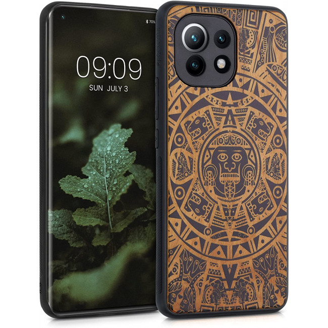 KW Xiaomi Mi 11 Θήκη από Φυσικό Ξύλο - Design Maya Calendar Art - Light Brown / Black - 54662.03