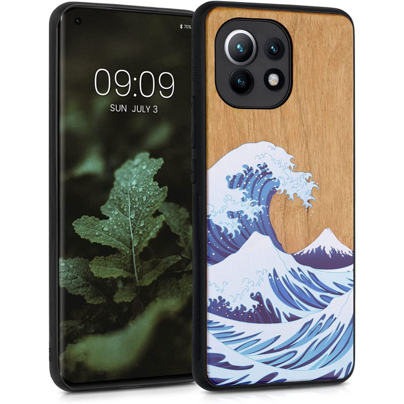 KW Xiaomi Mi 11 Θήκη από Φυσικό Ξύλο - Design Wood Japanese Wave - Blue / White / Brown - 54662.06