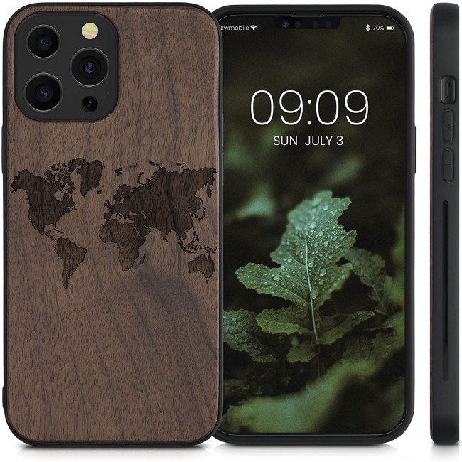 KW iPhone 13 Pro Max Θήκη από Φυσικό Ξύλο Design Travel Outline - Dark Brown - 55980.03