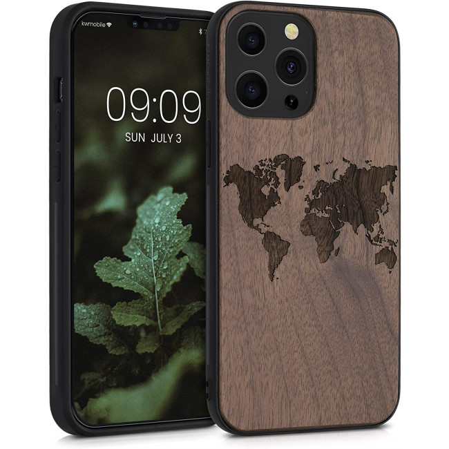 KW iPhone 13 Pro Max Θήκη από Φυσικό Ξύλο Design Travel Outline - Dark Brown - 55980.03