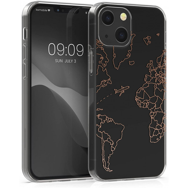 KW iPhone 13 Θήκη Σιλικόνης TPU Design Travel Airplane - Διάφανη / Rose Gold - 57143.02