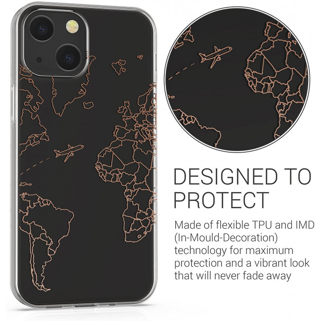 KW iPhone 13 Θήκη Σιλικόνης TPU Design Travel Airplane - Διάφανη / Rose Gold - 57143.02