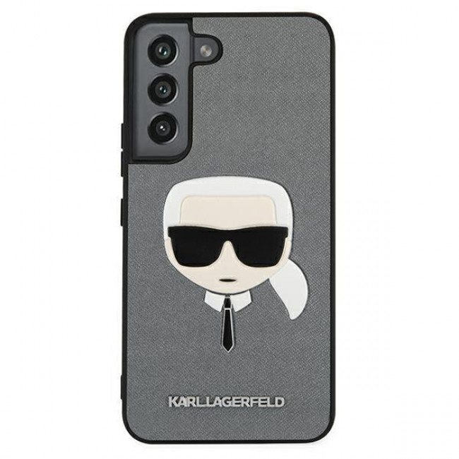 Karl Lagerfeld Sammsung Galaxy S22 Plus - Saffiano Ikonik Karl's Head Σκληρή Θήκη με Επένδυση Συνθετικού Δέρματος και Πλαίσιο Σιλικόνης - Silver - KLHCS22MSAKHSL