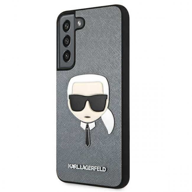 Karl Lagerfeld Sammsung Galaxy S22 Plus - Saffiano Ikonik Karl's Head Σκληρή Θήκη με Επένδυση Συνθετικού Δέρματος και Πλαίσιο Σιλικόνης - Silver - KLHCS22MSAKHSL