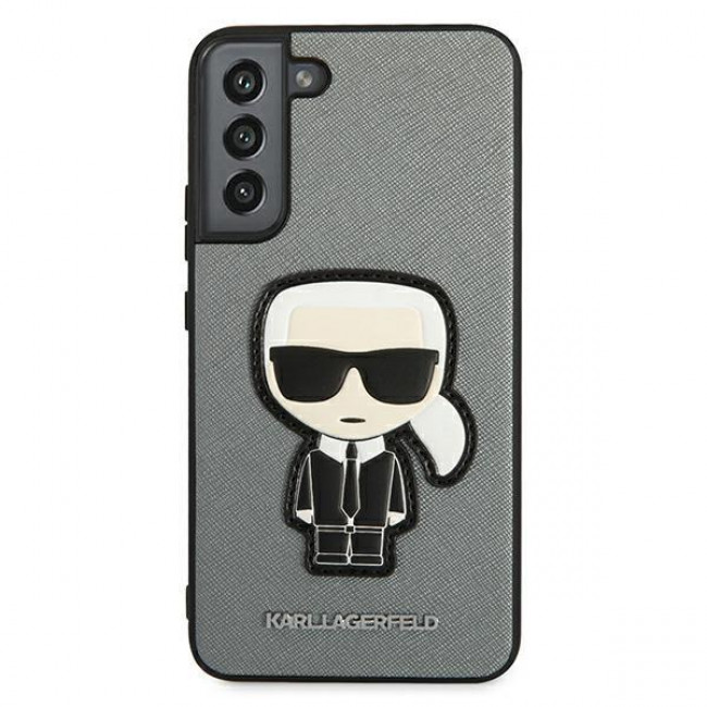 Karl Lagerfeld Samsung Galaxy S22 Plus - Saffiano Ikonik Karl's Head Patch Σκληρή Θήκη με Επένδυση Συνθετικού Δέρματος και Πλαίσιο Σιλικόνης - Grey - KLHCS22MOKPG