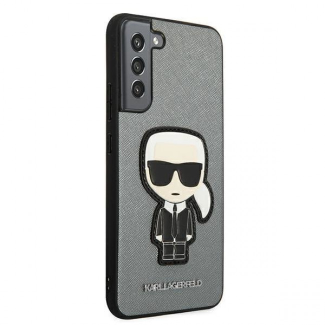 Karl Lagerfeld Samsung Galaxy S22 Plus - Saffiano Ikonik Karl's Head Patch Σκληρή Θήκη με Επένδυση Συνθετικού Δέρματος και Πλαίσιο Σιλικόνης - Grey - KLHCS22MOKPG