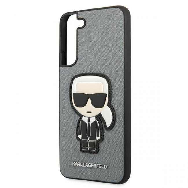 Karl Lagerfeld Samsung Galaxy S22 Plus - Saffiano Ikonik Karl's Head Patch Σκληρή Θήκη με Επένδυση Συνθετικού Δέρματος και Πλαίσιο Σιλικόνης - Grey - KLHCS22MOKPG